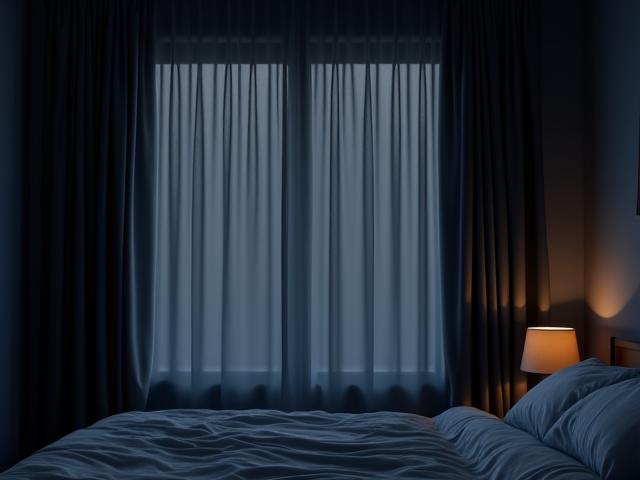 Bedroom with dark blackout curtains drawn
